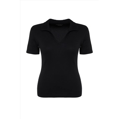 Siyah Polo Yaka Vücuda Oturan Fitilli Örme Bluz TBBSS22BZ0750