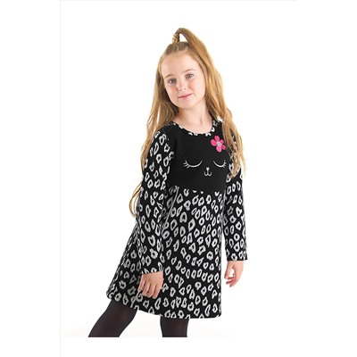 Denokids Çiçekli Leopar Desenli Kedi Kız Çocuk Örme Siyah Elbise CFF-22S1-063