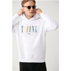 Avva Erkek Beyaz Şardonlu Kumaş Kapüşonlu Yaka Nakışlı Standart Fit Normal Kesim Sweatshirt A32Y1380