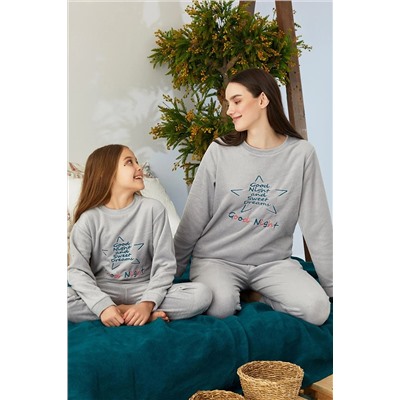 Siyah İnci Gri Alt-üst Polar Nakışlı Cepli Pijama Takım 22278324