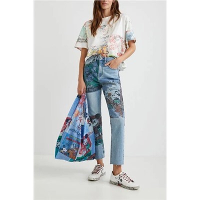 Pantalón vaquero straight cropped Mickey Mouse