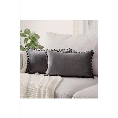 Bc Home 2 li Gri Minik Ponponlu Kırlent Kılıfı Kadife Görünümlü 2 Adet 30 X 50 cm PMSP3050