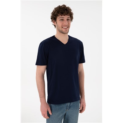 Erkek Regular Fit  V Yaka Lacivert Basic Tişört