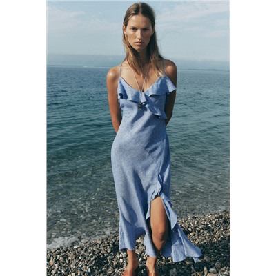 FRILL STRAPPY DRESS WITH LINEN