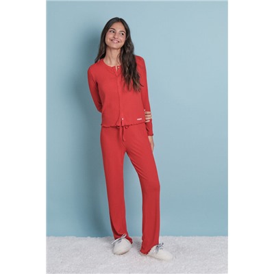 Pijama largo algodón canalé suave rojo