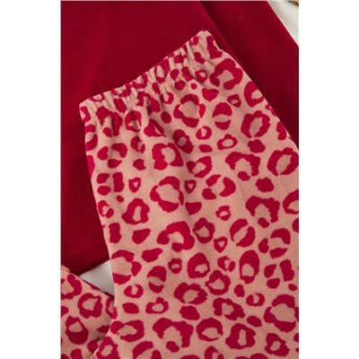 Kırmızı Leopar Desenli Polar Kışlık Örme Pijama Takımı TBBAW26AI00018