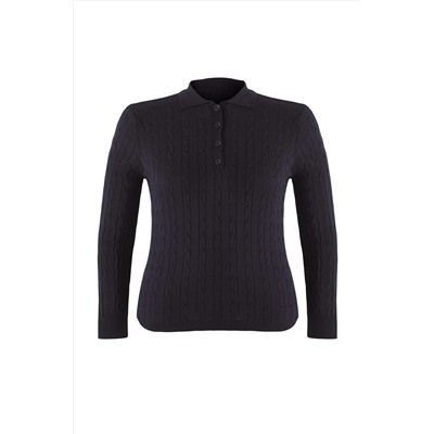 Lacivert Polo Yaka Saç Örgülü İnce Triko Bluz TBBAW26AF00005