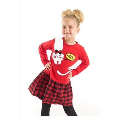 DenokidsBeyaz Kedi Kız Çocuk Kırmızı Ekose Elbise