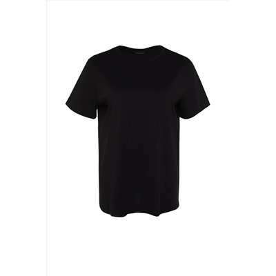 Siyah Boyfriend Bisiklet Yaka Yırtmaçlı %100 Pamuk Örme T-Shirt TBBSS22BF0031