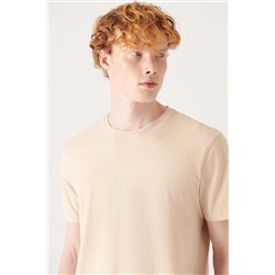 Bej %100 Pamuk Nefes Alan Bisiklet Yaka T-Shirt