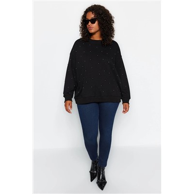Siyah Kalın Taşlı Detaylı Örme Büyük Beden Sweatshirt TBBAW24SW00000