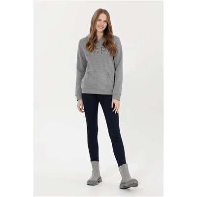 Kadın Gri Melanj Kapüşonlu Basic Sweatshirt