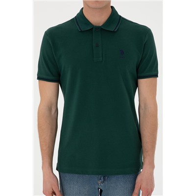 Erkek Slim Fit Polo Yaka Koyu Yeşil Basic Tişört