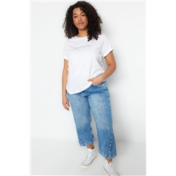 Beyaz Regular Fit Bisiklet Yaka Slogan Baskılı %100 Pamuk Örme Büyük Beden T-Shirt TBBSS23BF00034