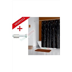Tropikhome Siyah Mermer Desenli Banyo Perdesi, Askı Hediyeli 180x200cm Duş Perdesi-tek Kanat Duş Perdesi Banyo/Boru Seti