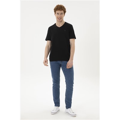 Erkek Regular Fit V Yaka Siyah Basic Tişört