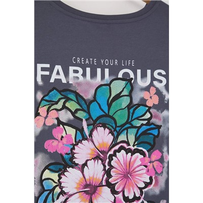 Antrasit Oversize Fit %100 Pamuk Ön ve Arka Baskılı Örme Büyük Beden T-Shirt TBBSS25BF00002