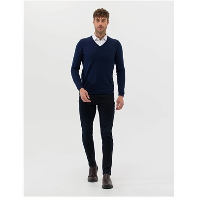 Açık Lacivert Slim Fit V Yaka Basic Triko Kazak