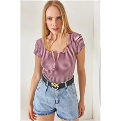 Olalook, Kadın Çizgili Bordo Çıtçıtlı Kaşkorse Bluz BLZ-19000171