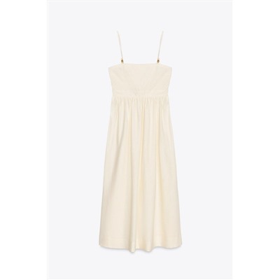 BEADED STRAPPY LINEN BLEND MIDI DRESS