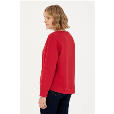 Kadın Kırmızı Bisiklet Yaka Basic Sweatshirt