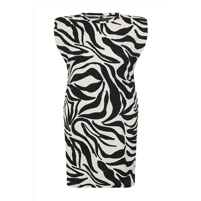 Siyah Zebra Baskılı Mini Örme Büyük Beden Elbise TBBSS24AH00142