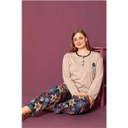Nisanca Uzun Kollu %100 Pamuk Büyük Beden Anne Pijama Takımı- Anne Özel Serisi A-006