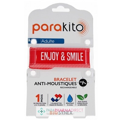 Parakito Bracelet Anti-Moustiques Rechargeable Adulte Good Vibes Rouge "Enjoy & Smile"