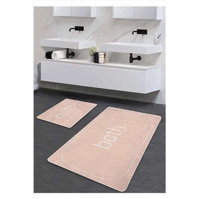 Pilloveland Kaymaz Taban Yıkanabilir 2’li Banyo Paspası - Pudra Bath Desenli 60*100 Cm - 50*60 Cm BM0196