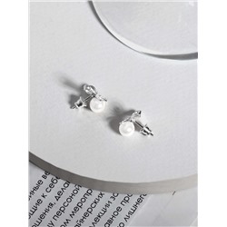 Серьги-пусеты из серебра с жемчугом Swarovski и фианитами родированные - Бантики 2-146р1001
