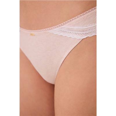 Tanga tira algodón canalé encaje rosa