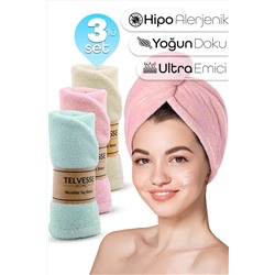 Telvesse, 3lü Set Mikrofiber Saç Havlusu Plaj Deniz Havuz Bonesi Banyo Saç Kurutma Baş Havlusu KRM-PMB-TRKUAZ