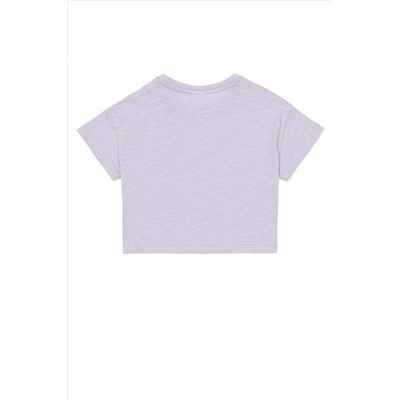 Kız Çocuk Lila Bisiklet Yaka Crop Tişört