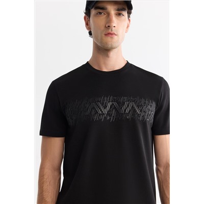 Siyah Bisiklet Yaka İnterlok Elastan T-Shirt