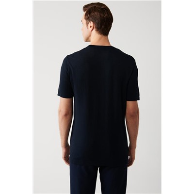 Lacivert Bisiklet Yaka Pamuklu Regular Fit Standart Kesim İnce Triko T-Shirt