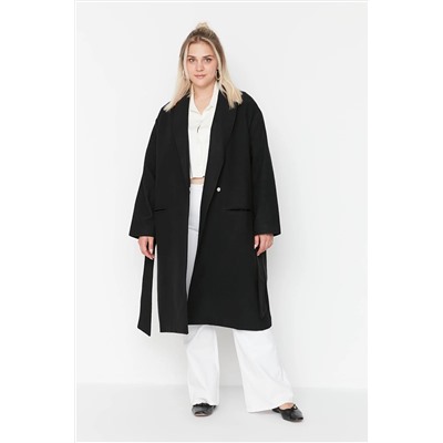Trendyol Curve Siyah Kuşaklı Oversize Kaşe Dokuma Kaban TBBAW23KB00004