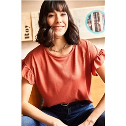 Olalook Kadın Soğan Kabuğu Kolu Fırfırlı Kaşkorse Tişört TSH-19000417