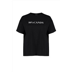 Siyah Geniş Kalıp Baskılı Bisiklet Yaka %100 Pamuk Örme T-shirt TBBSS23BF00015