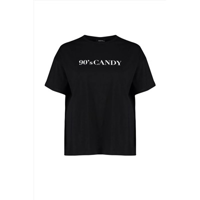 Siyah Geniş Kalıp Baskılı Bisiklet Yaka %100 Pamuk Örme T-shirt TBBSS23BF00015