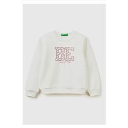 United Colors of BenettonKız Çocuk Krem Slogan Baskılı Renk Bloklu Sweatshirt Krem