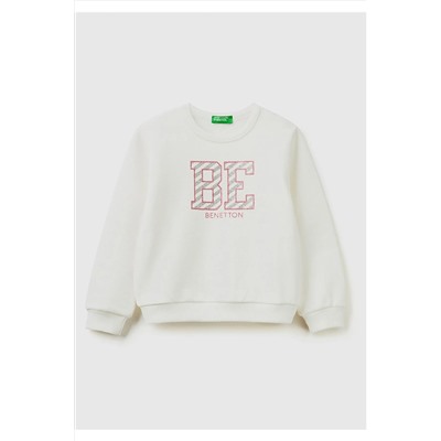 United Colors of BenettonKız Çocuk Krem Slogan Baskılı Renk Bloklu Sweatshirt Krem