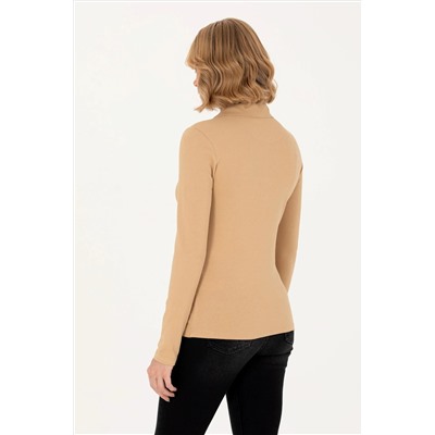 Kadın Kum Basic Polo Yaka Sweatshirt