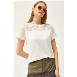 Olalook, Kadın Ekru Üstü Fisto Kolu Volanlı T-shirt BLZ-19000979