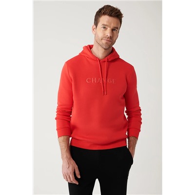 Avva Erkek Kırmızı Kapüşonlu Yaka 3 İplik Şardonlu Piramit Baskılı Standart Fit Normal Kesim Sweatshirt A A32Y1240