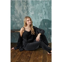 Meba Kadın Fransız Kadife Siyah Sabahlıklı 3'lü Pijama Takımı Çeyiz Set 13402