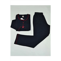 ANGELİNA Kadın Lacivert Pijama Takımı Bambu Uzunkollu Lastikli Bel Cepsiz Alt Puantiyeli 4914 TYC00424684701