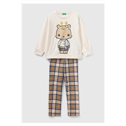 United Colors of BenettonKız Çocuk Krem Hayvan Baskılı Ekoseli Pijama Takımı