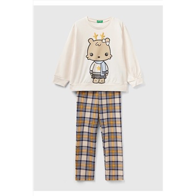 United Colors of BenettonKız Çocuk Krem Hayvan Baskılı Ekoseli Pijama Takımı
