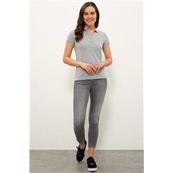 Kadın Gri Melanj Basic Polo Yaka Tişört