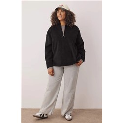 Siyah Kalın Polar Kapüşonlu Oversize/Bol Kesim Büyük Beden Sweatshirt TBBAW25AO00030